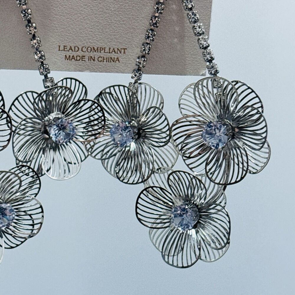 Natasha Silver Tone Wire Floral Rhinestone Statement Earrings NWT - Picture 7 of 9